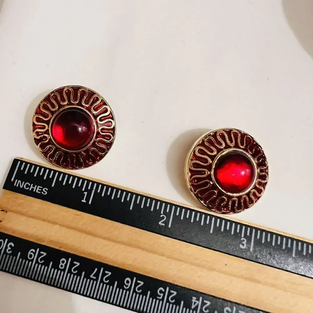 Vintage Galleria Gripoix Earrings Clip On Red Glass Enamel Gold Tone Round 4619